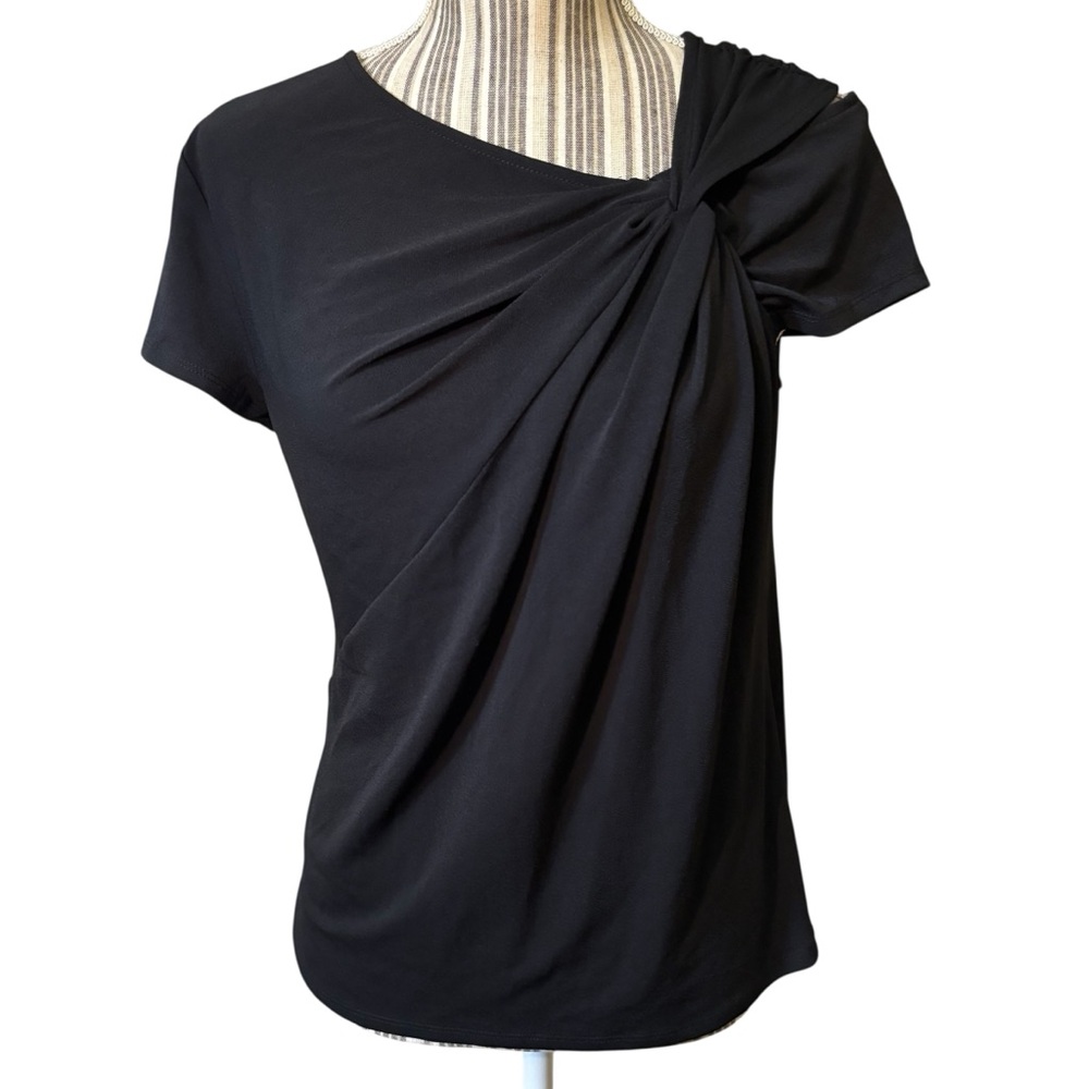 Bold elements Top Large Black Draped Short Sleeve Knot Open Shoulder Stretchy